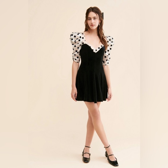 For Love & Lemons Dolly Black Velvet Polka Dot Tulle Puff Sleeve Mini Dress NWT - Picture 3 of 5
